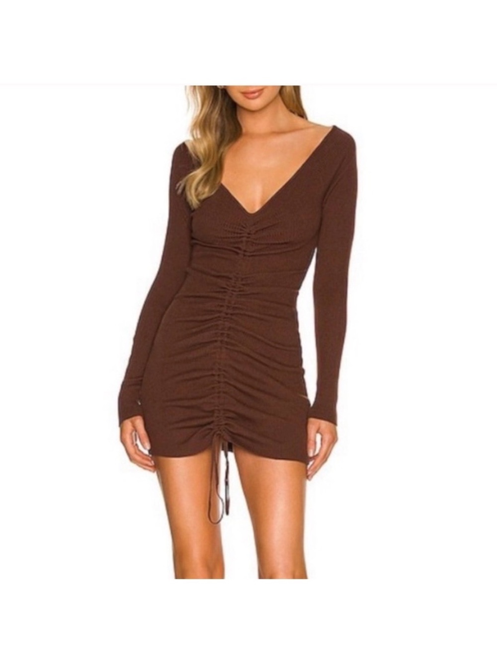 Camila Coelho Brown Long-Sleeve Ruched V-Neck Mini Dress